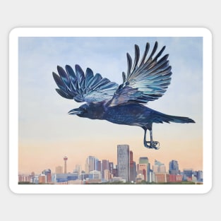 Untethered - crow over Calgary skyline Magnet